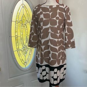 LONDON TIMES Size 6 Shift Dress Tan Cream Black 3/4 Sleeve Stretch